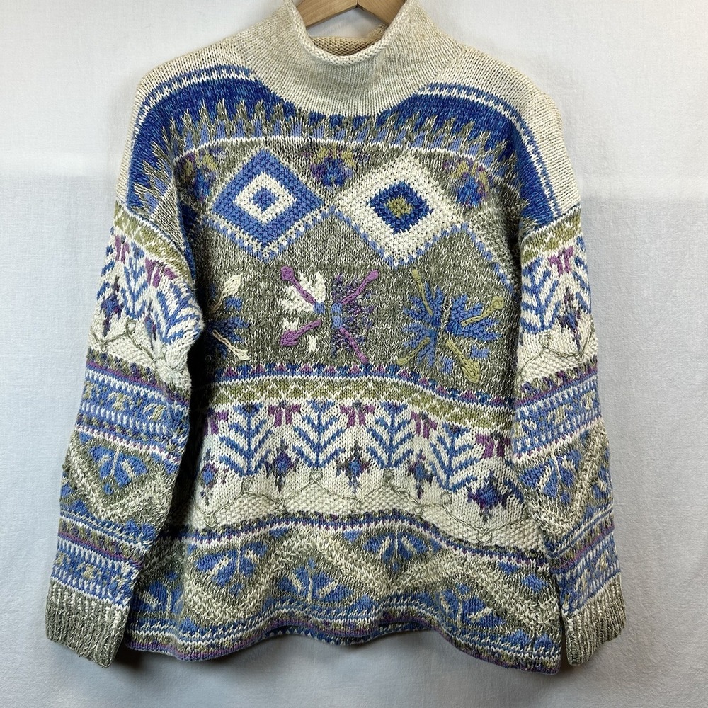VTG Segrets Sun Prints Womens Sweater Sz M Hand Knit Southwest‎ Sage Blue MULTI